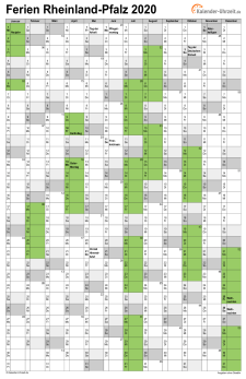 Ferien 2020 Rheinland-Pfalz im Kalender - A4 hoch-einseitig Ferienkalender 2020 für Rheinland-Pfalz - A4 hoch-einseitig