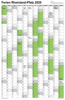 Ferienkalender 2020 für Rheinland-Pfalz - A4 hoch-einseitig