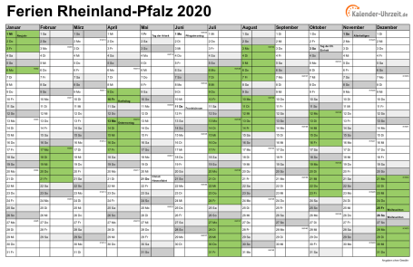 Ferien 2020 Rheinland-Pfalz im Kalender - A4 quer-einseitig Ferienkalender 2020 für Rheinland-Pfalz - A4 quer-einseitig