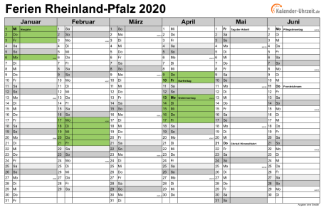 Ferienkalender 2020 für Rheinland-Pfalz - A4 quer-zweiseitig