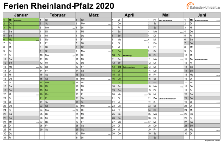 Ferien 2020 Rheinland-Pfalz im Kalender - A4 quer-zweiseitig Ferienkalender 2020 für Rheinland-Pfalz - A4 quer-zweiseitig