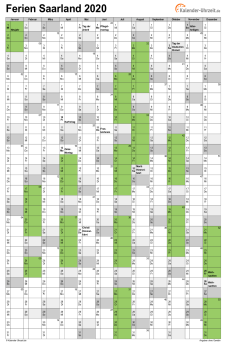 Ferienkalender 2020 für Saarland - A4 hoch-einseitig