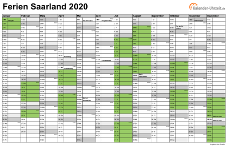 Ferienkalender 2020 für Saarland - A4 quer-einseitig