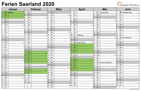 Ferienkalender 2020 für Saarland - A4 quer-zweiseitig