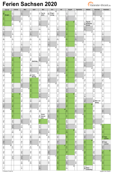 Ferienkalender 2020 für Sachsen - A4 hoch-einseitig