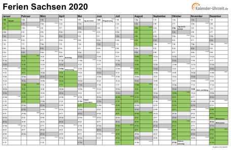 Ferienkalender 2020 für Sachsen - A4 quer-einseitig