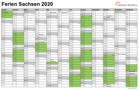 Ferien 2020 Sachsen im Kalender - A4 quer-einseitig Ferienkalender 2020 für Sachsen - A4 quer-einseitig