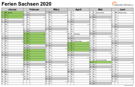 Ferienkalender 2020 für Sachsen - A4 quer-zweiseitig