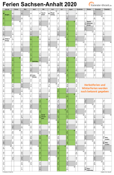 Ferien 2020 Sachsen-Anhalt im Kalender - A4 hoch-einseitig Ferienkalender 2020 für Sachsen-Anhalt - A4 hoch-einseitig