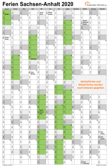 Ferienkalender 2020 für Sachsen-Anhalt - A4 hoch-einseitig