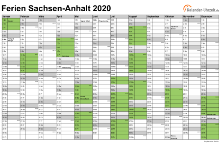 Ferien 2020 Sachsen-Anhalt im Kalender - A4 quer-einseitig Ferienkalender 2020 für Sachsen-Anhalt - A4 quer-einseitig