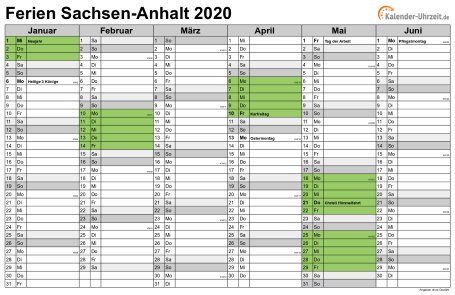 Ferienkalender 2020 für Sachsen-Anhalt - A4 quer-zweiseitig