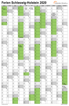 Ferienkalender 2020 für Schleswig-Holstein - A4 hoch-einseitig