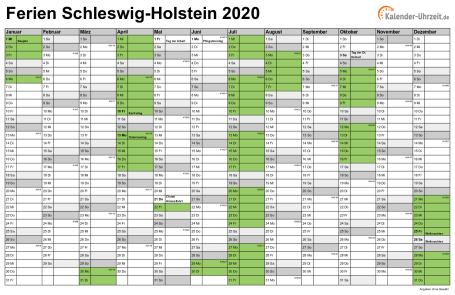 Ferienkalender 2020 für Schleswig-Holstein - A4 quer-einseitig