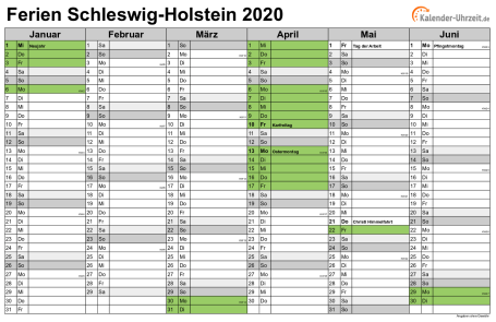 Ferienkalender 2020 für Schleswig-Holstein - A4 quer-zweiseitig