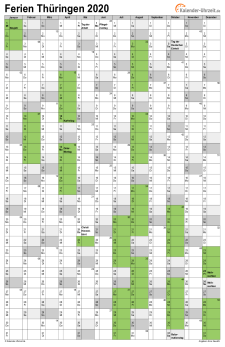 Ferienkalender 2020 für Thüringen - A4 hoch-einseitig