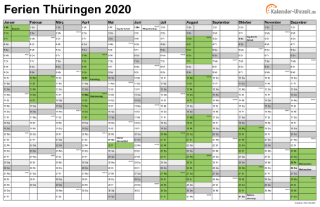Ferienkalender 2020 für Thüringen - A4 quer-einseitig