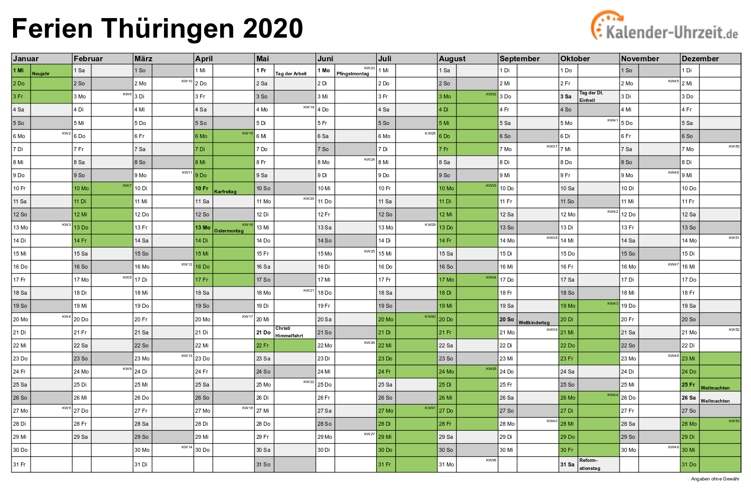 Ferien Thüringen 2020 - Ferienkalender zum Ausdrucken