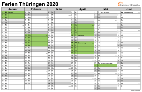 Ferienkalender 2020 für Thüringen - A4 quer-zweiseitig