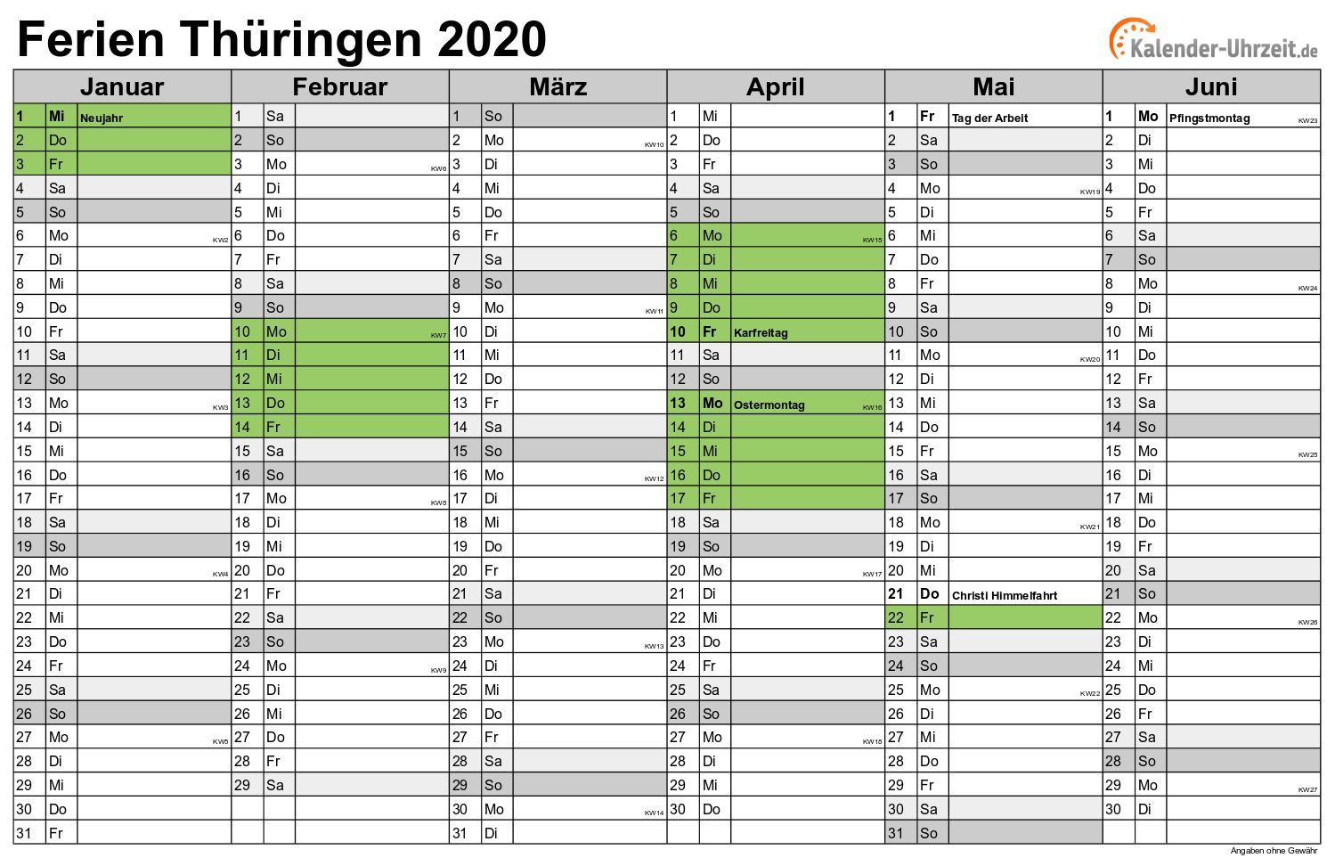 Ferien Thüringen 2020 - Ferienkalender zum Ausdrucken