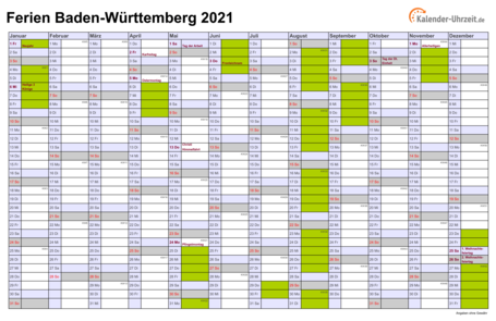 Ferienkalender 2021 für Baden-Württemberg - A4 quer-einseitig