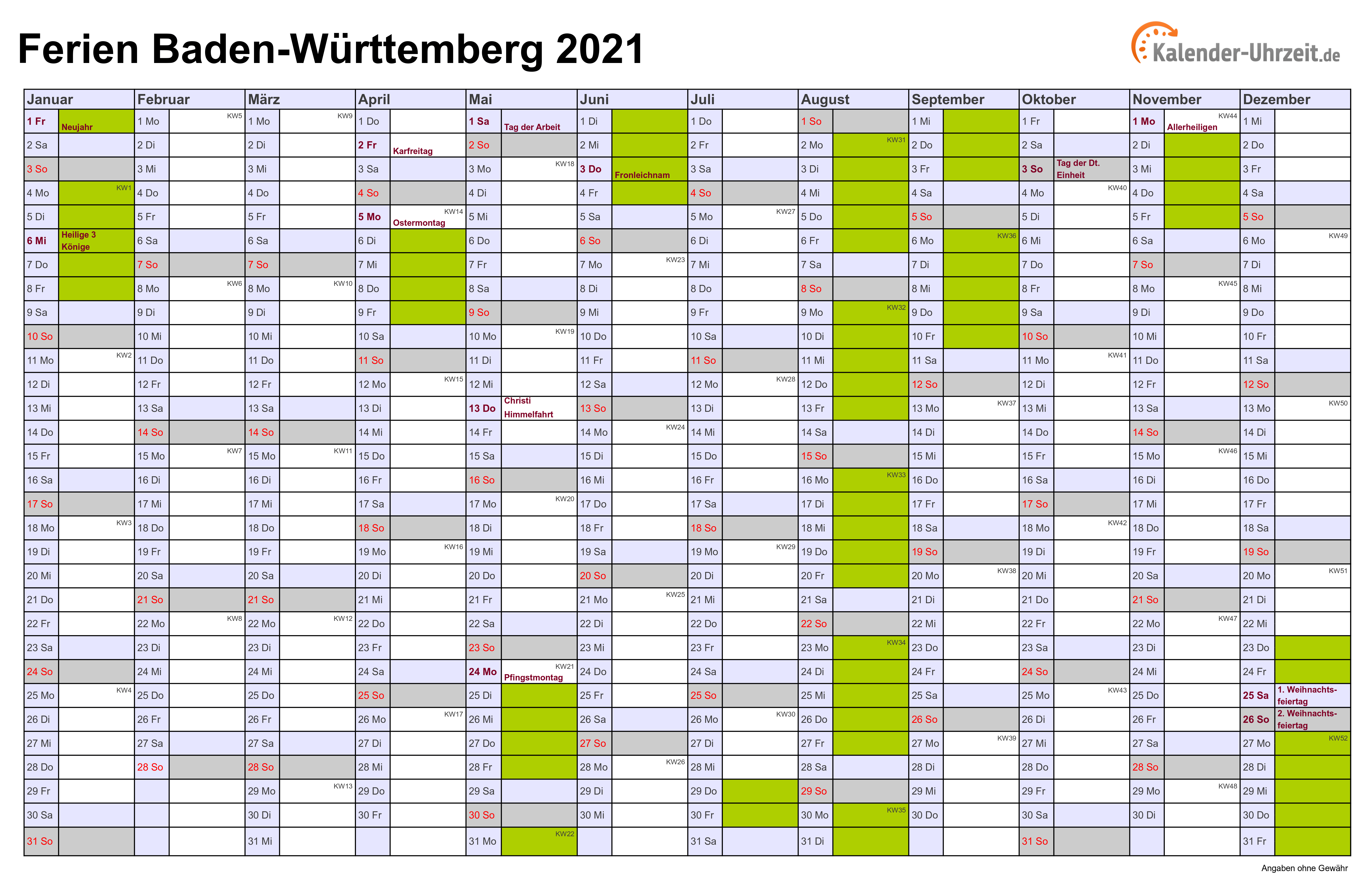 Ferien Baden Wurttemberg 2021 Ferienkalender Zum Ausdrucken