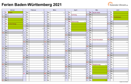 Ferienkalender 2021 für Baden-Württemberg - A4 quer-zweiseitig