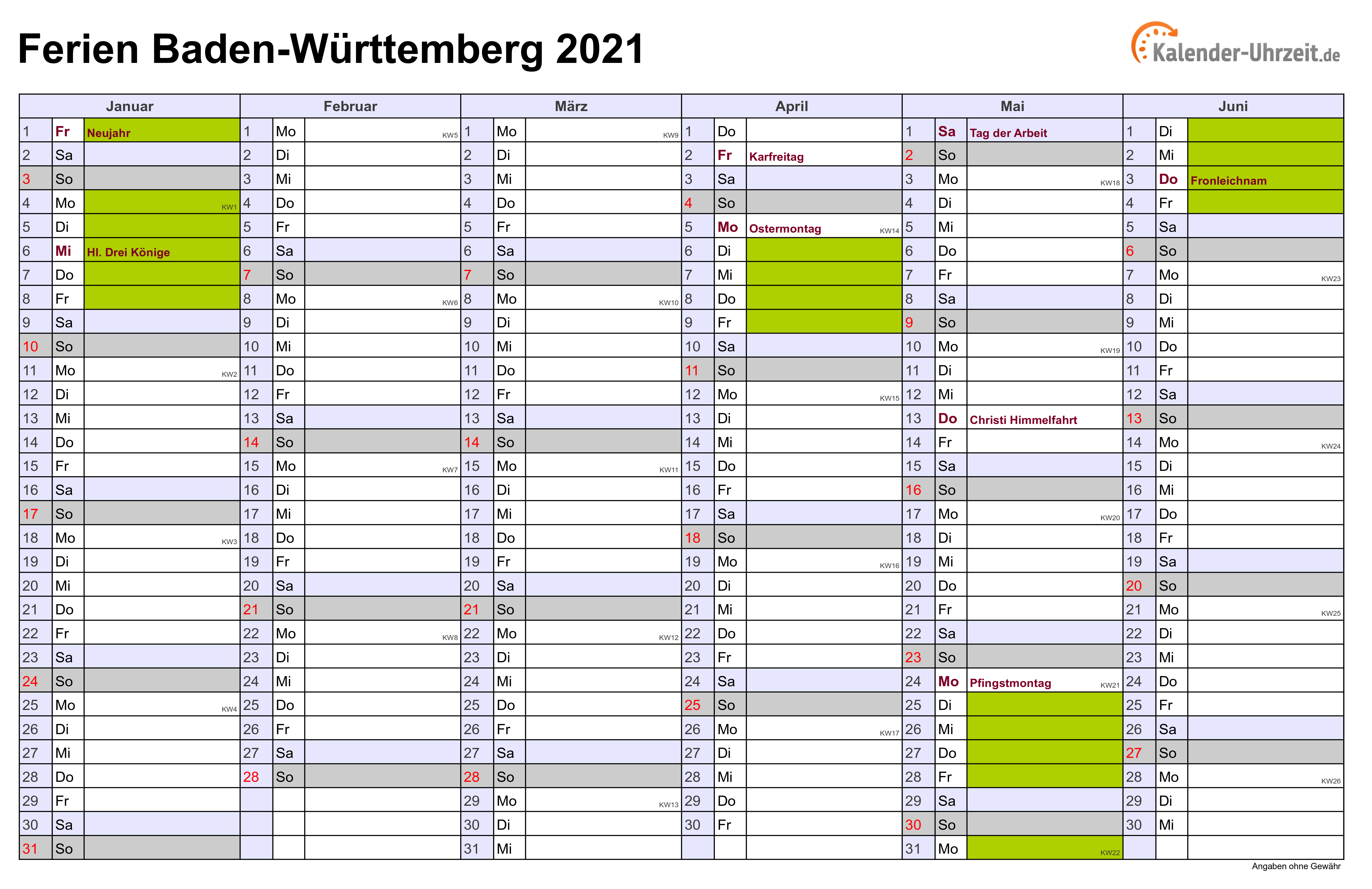 Jahreskalender 2021 Zum Ausdrucken Kostenlos : EXCEL ...