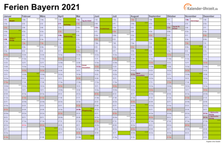 Ferienkalender 2021 für Bayern - A4 quer-einseitig