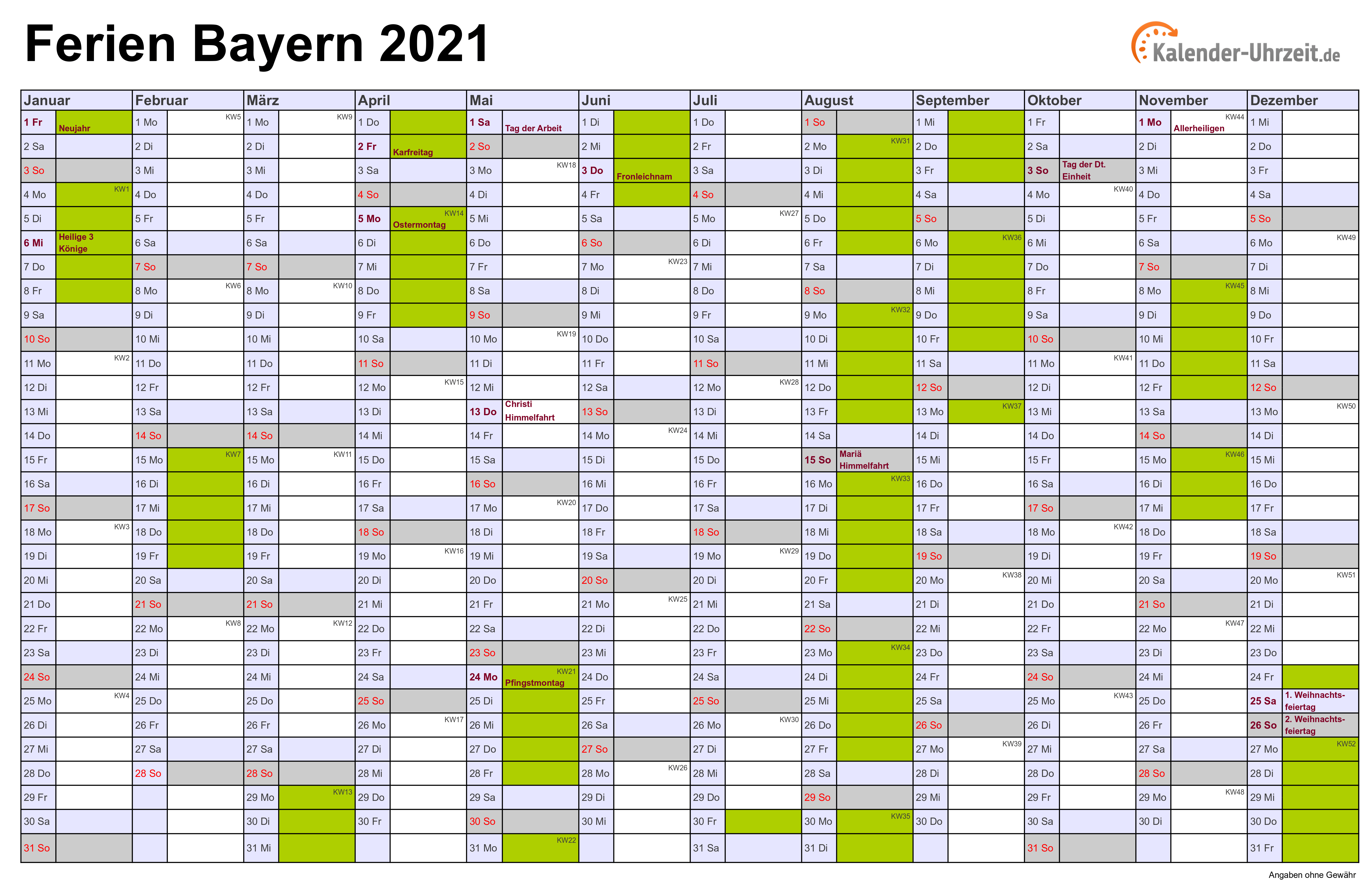 Ferien Bayern 20   Ferienkalender zum Ausdrucken