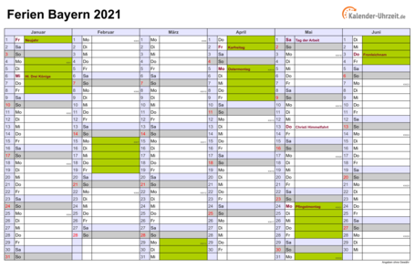 Ferienkalender 2021 für Bayern - A4 quer-zweiseitig