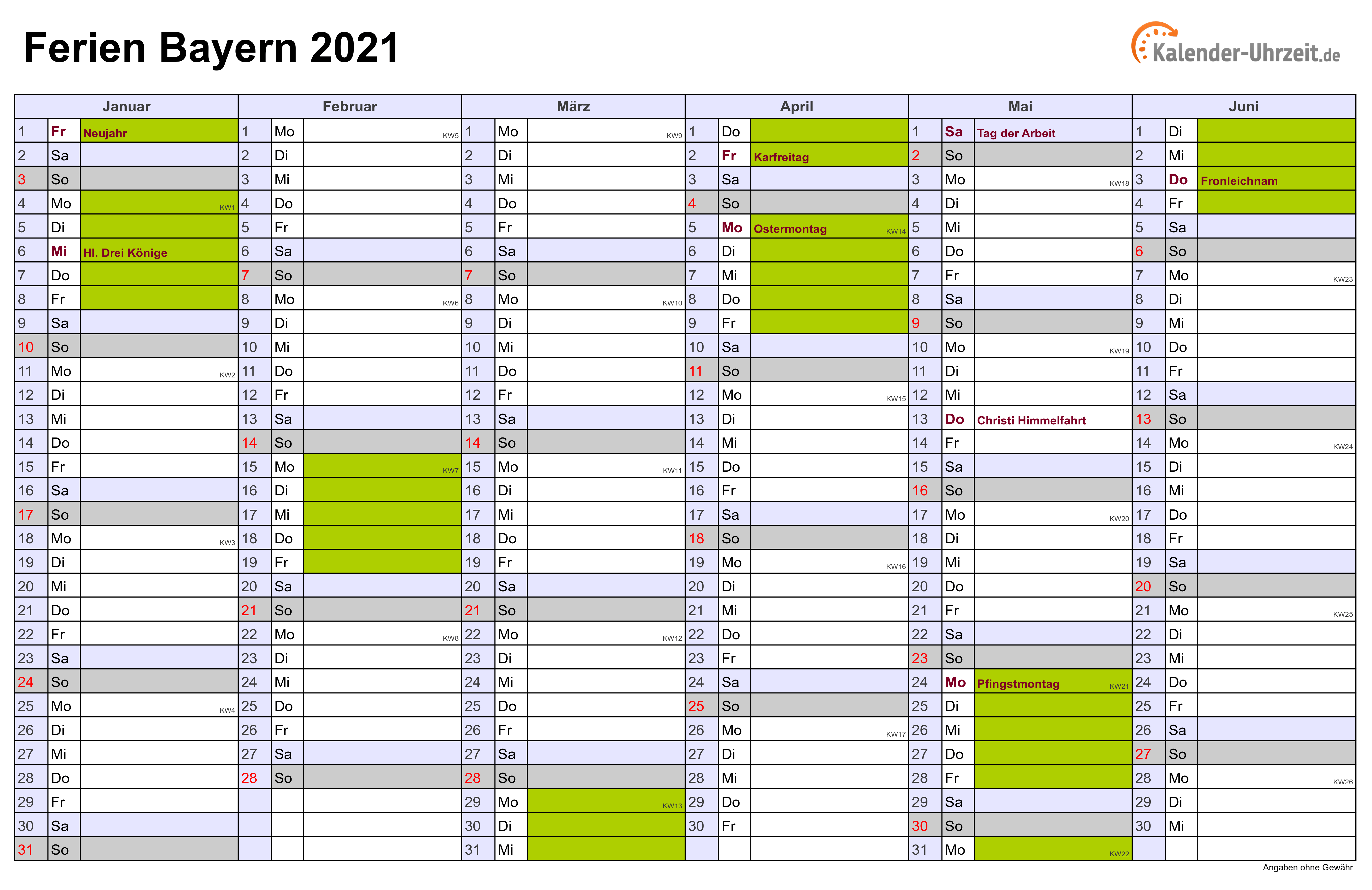 Ferien Bayern 2021 - Ferienkalender zum Ausdrucken