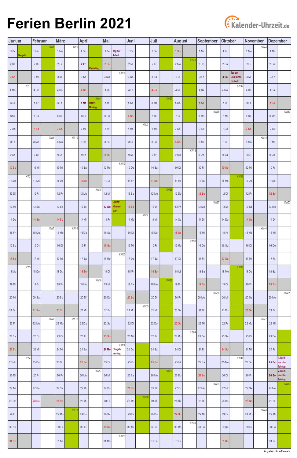 Ferien Berlin 2021 - Ferienkalender zum Ausdrucken