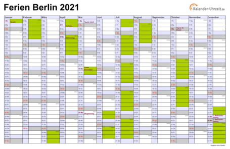 Ferien 2021 Berlin im Kalender - A4 quer-einseitig Ferienkalender 2021 für Berlin - A4 quer-einseitig