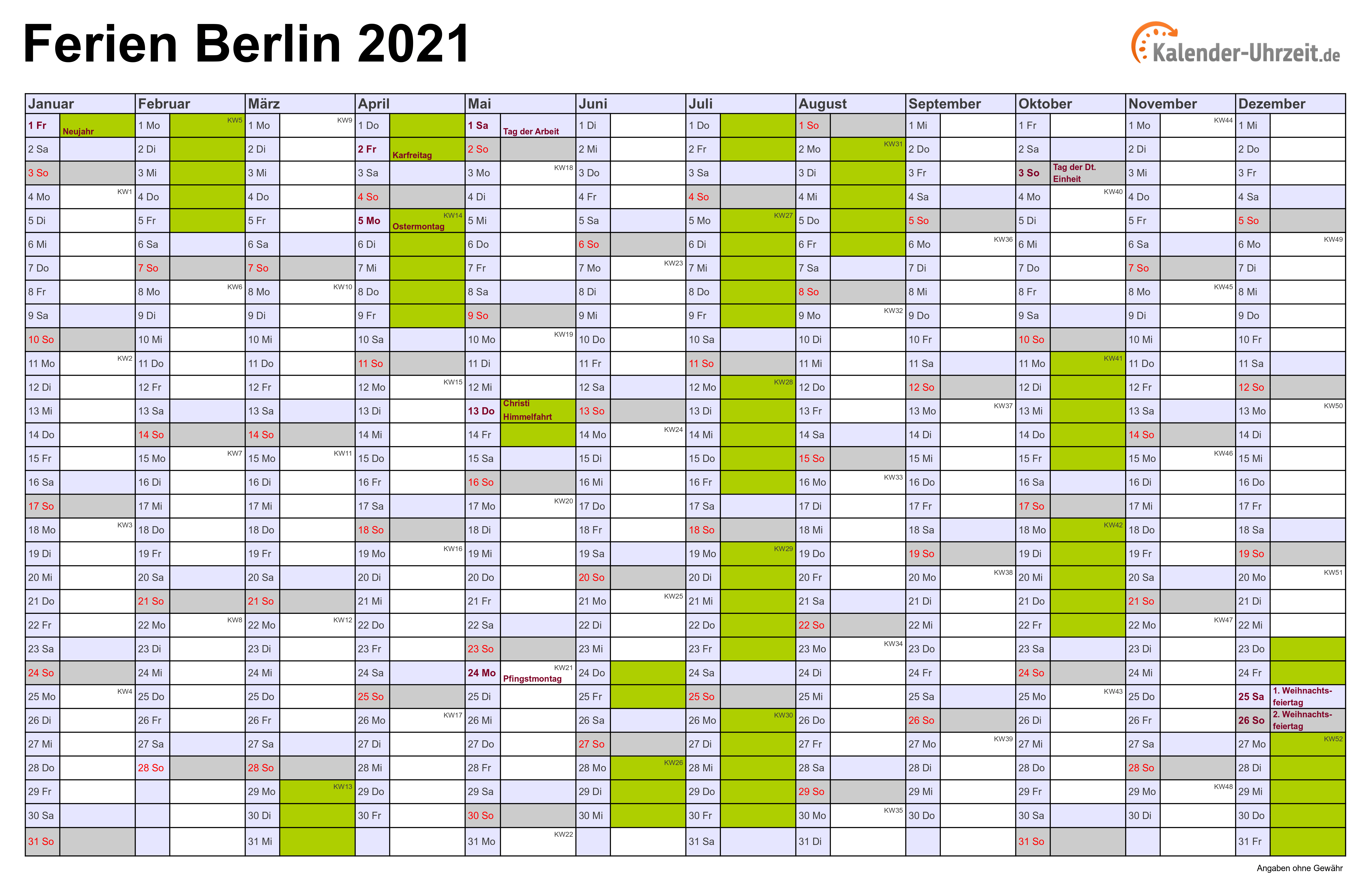 Ferienkalender 2021 Berlin