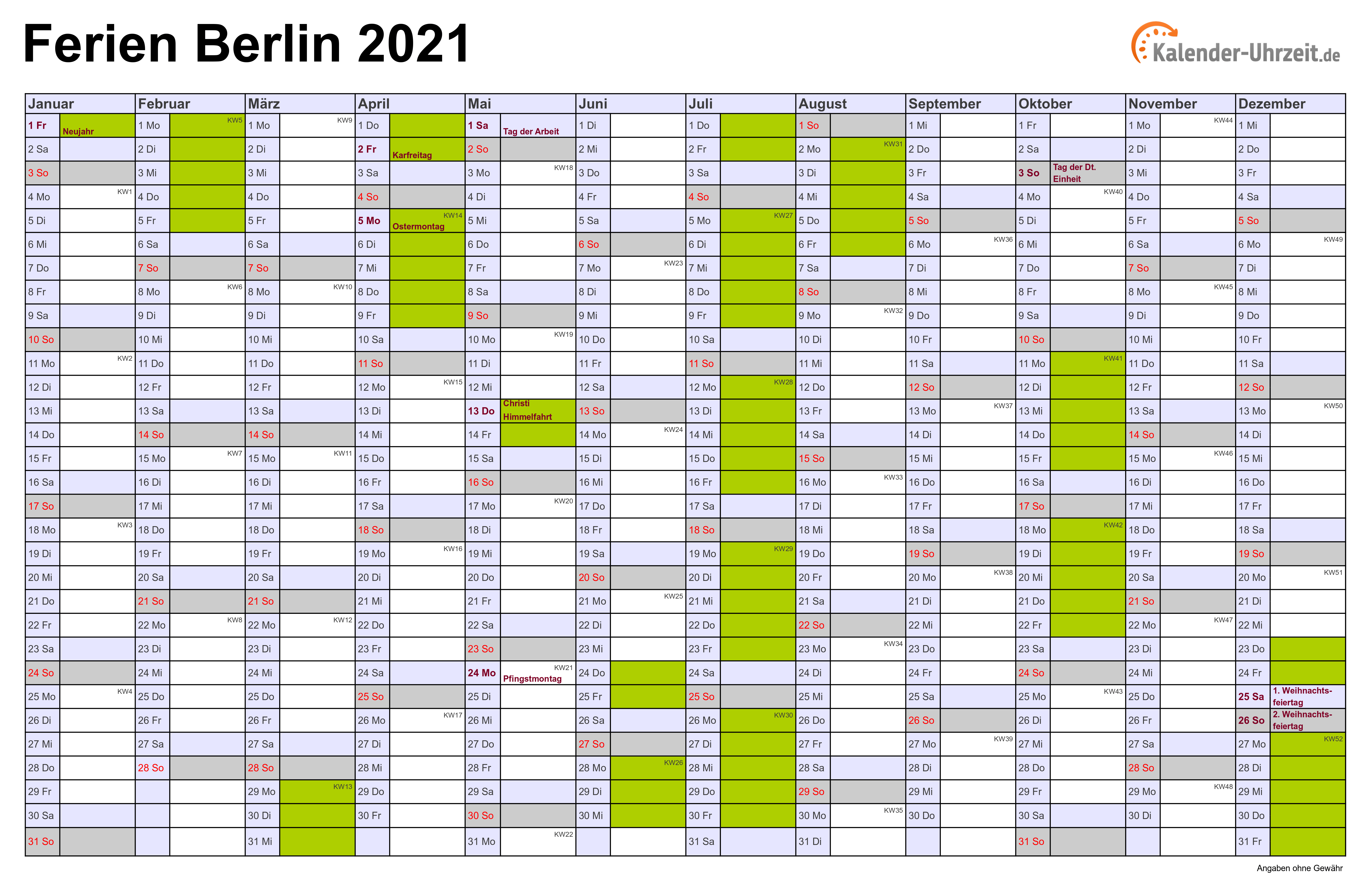 Ferien Berlin 2021 - Ferienkalender zum Ausdrucken