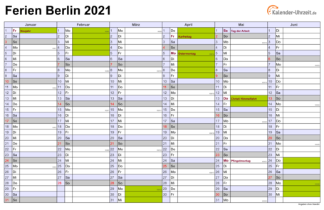 Ferienkalender 2021 für Berlin - A4 quer-zweiseitig