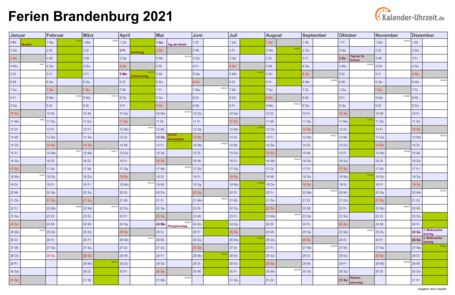 Ferien 2021 Brandenburg im Kalender - A4 quer-einseitig Ferienkalender 2021 für Brandenburg - A4 quer-einseitig