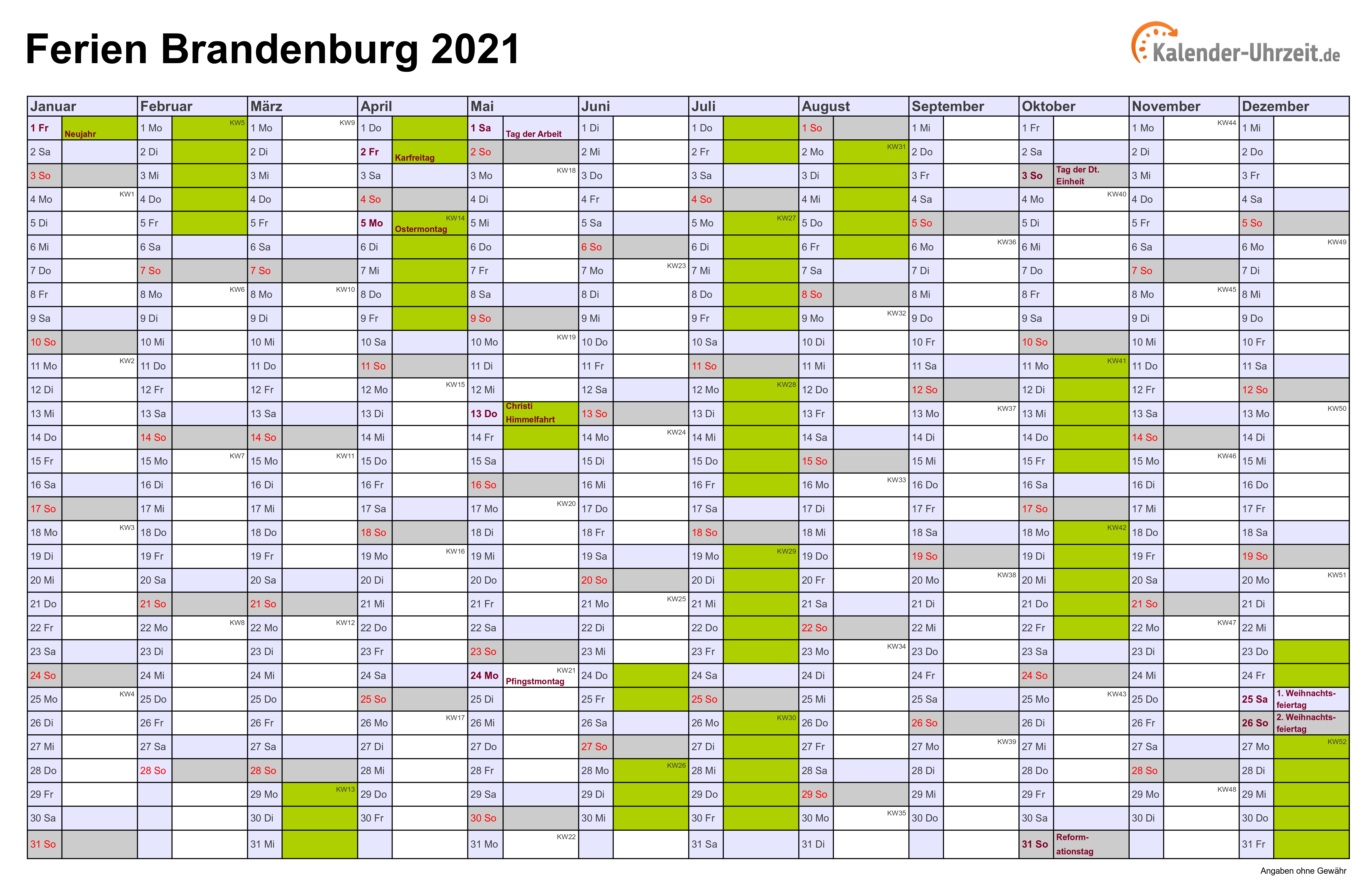 Ferien Brandenburg 2021 - Ferienkalender zum Ausdrucken
