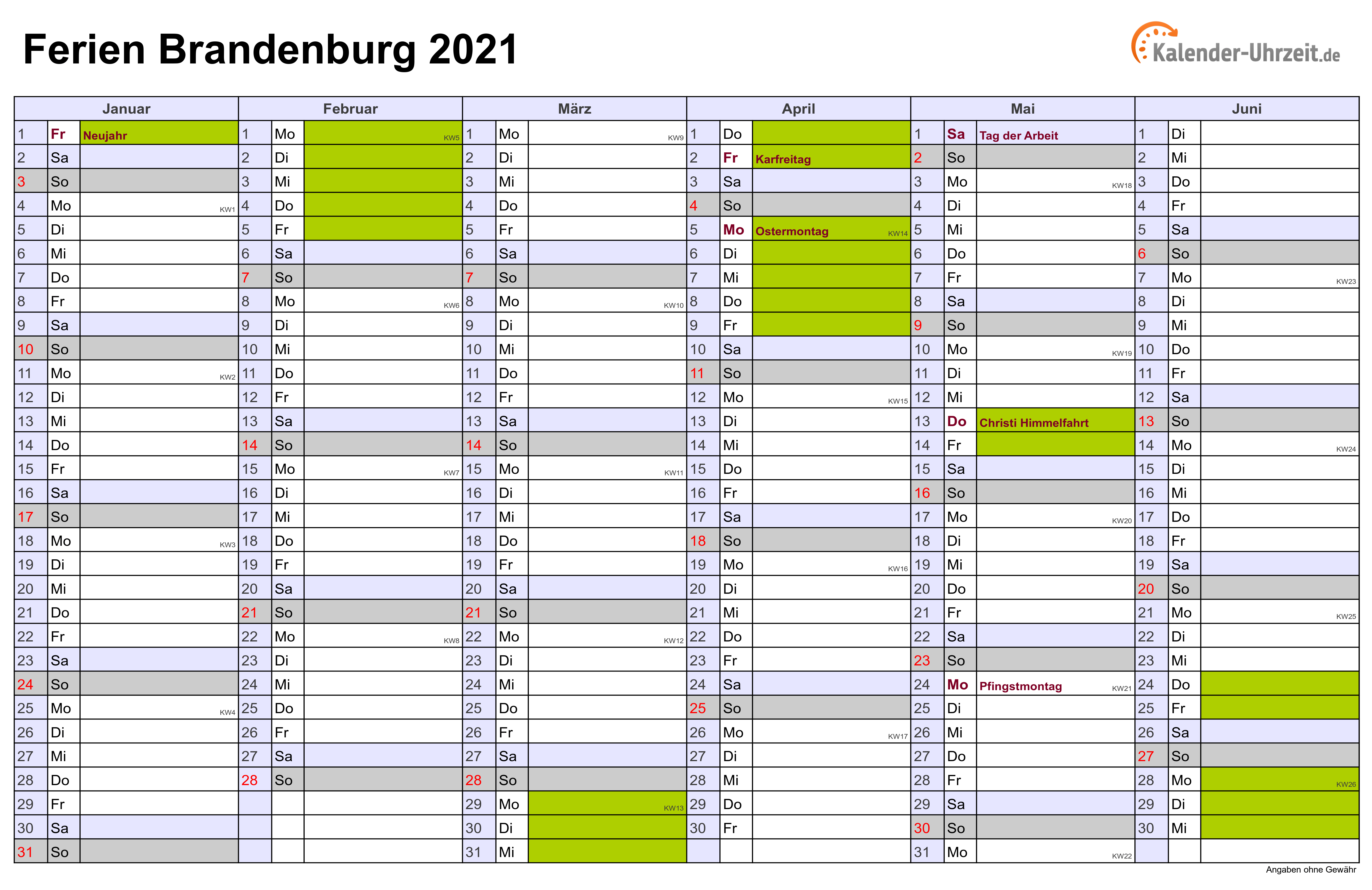 Ferien Brandenburg 2021 - Ferienkalender zum Ausdrucken
