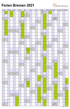 Ferien 2021 Bremen im Kalender - A4 hoch-einseitig Ferienkalender 2021 für Bremen - A4 hoch-einseitig