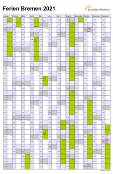Ferienkalender 2021 für Bremen - A4 hoch-einseitig