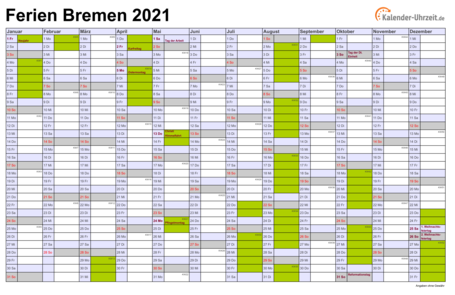 Ferienkalender 2021 für Bremen - A4 quer-einseitig