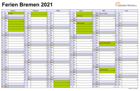 Ferienkalender 2021 für Bremen - A4 quer-zweiseitig