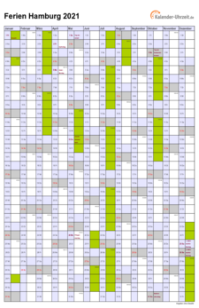 Ferienkalender 2021 für Hamburg - A4 hoch-einseitig