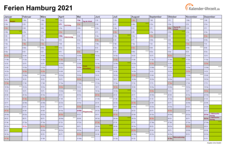 Ferienkalender 2021 für Hamburg - A4 quer-einseitig