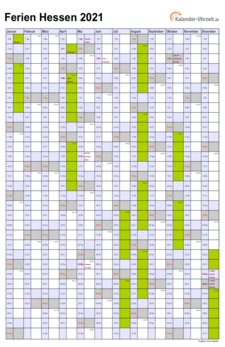 Ferien 2021 Hessen im Kalender - A4 hoch-einseitig Ferienkalender 2021 für Hessen - A4 hoch-einseitig