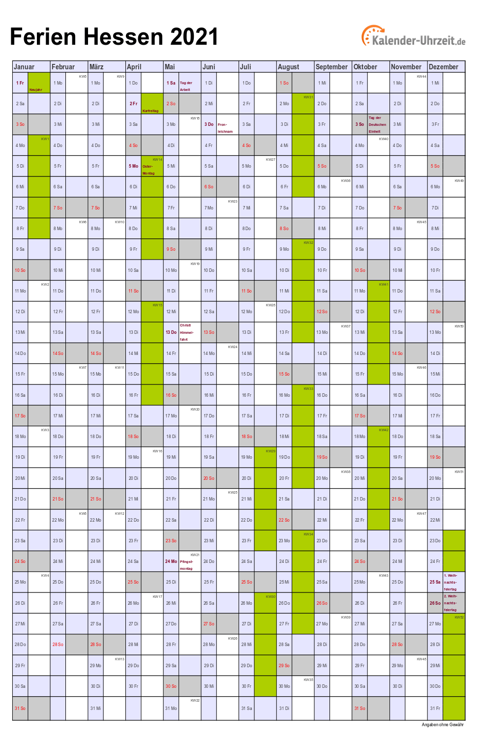 Jahreskalender 2021 Zum Ausdrucken Kostenlos Hessen ...