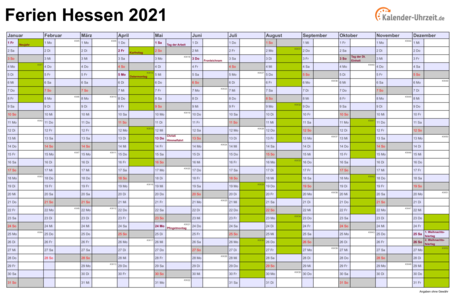 Ferien 2021 Hessen im Kalender - A4 quer-einseitig Ferienkalender 2021 für Hessen - A4 quer-einseitig