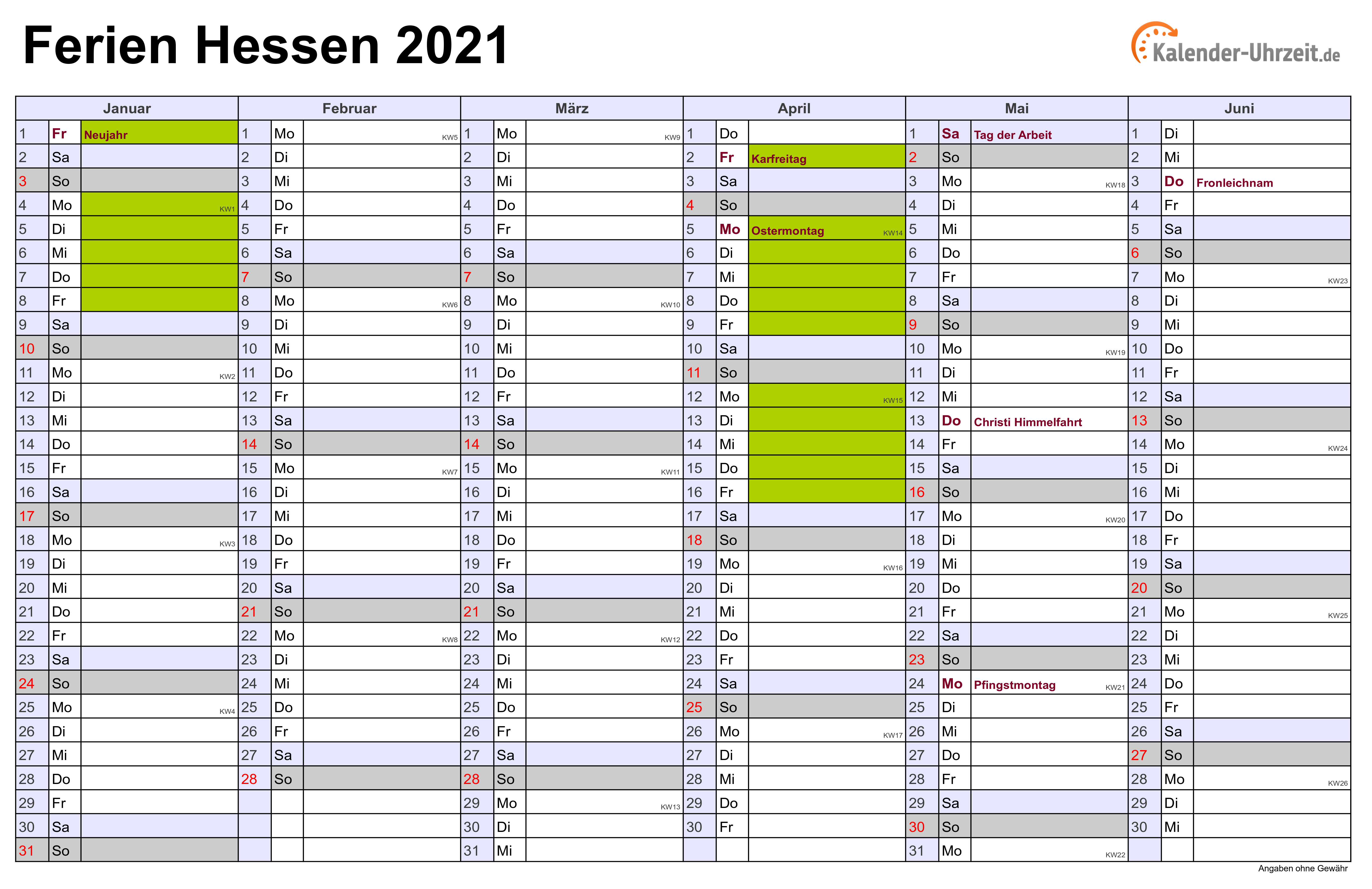 Ferien Hessen 2021 - Ferienkalender zum Ausdrucken